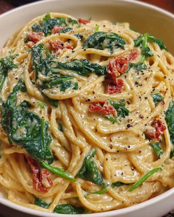 Recipe Title: Spaghetti & Spinach with Sun-Dried Tomato Cream Sauce finished