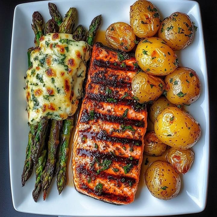 Spiced Salmon with Cheesy Asparagus & Garlic Potatoes Recipe