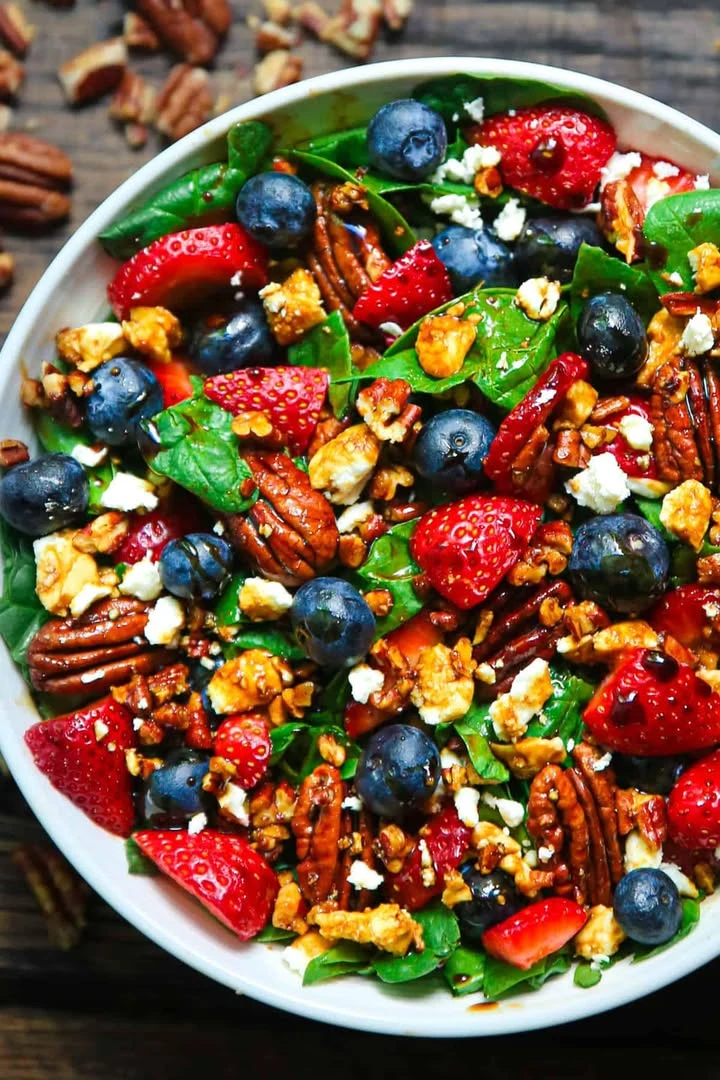 Strawberry & Blueberry Spinach Salad with Pecans and Feta finished