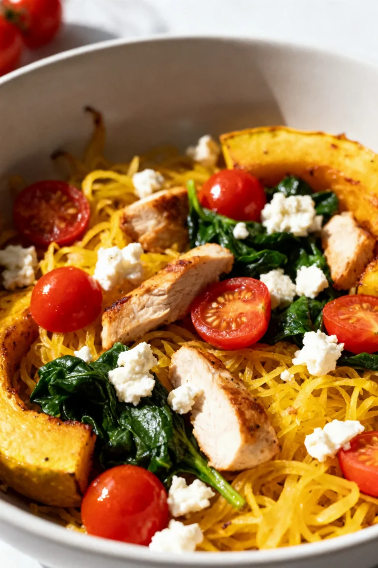 Spaghetti Squash with Chicken, Tomatoes, Spinach, and Feta