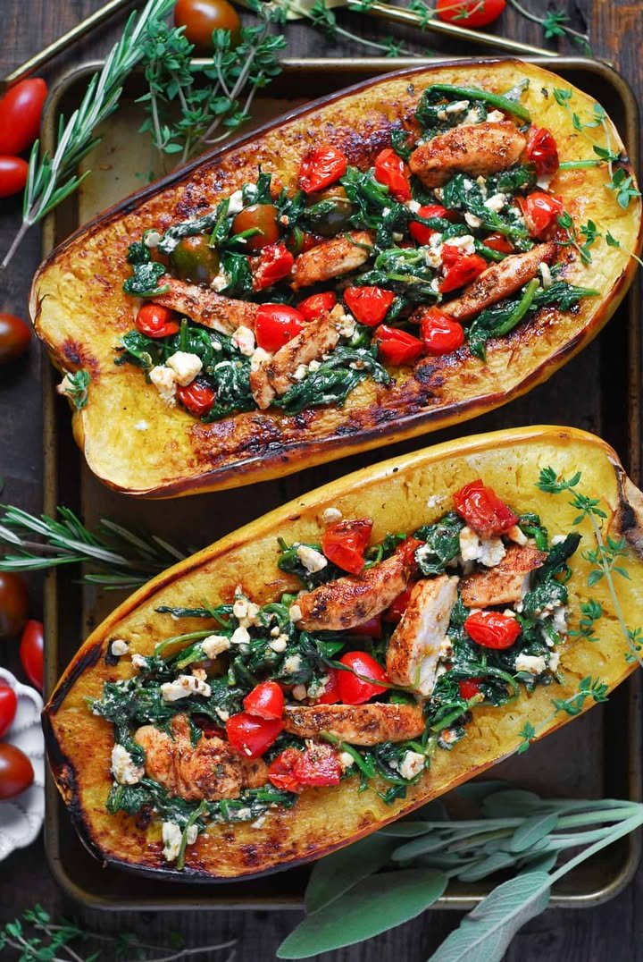Stuffed Spaghetti Squash with Chicken, Tomatoes, Spinach, and Feta Cheese ingredients