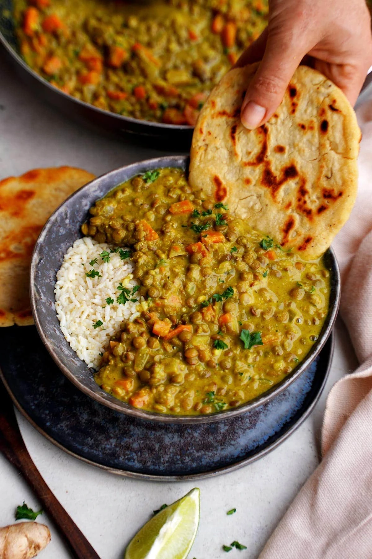 Recipe Title: 1-POT GREEN LENTIL DAL or 1-pot Indian green lentil dal. This creamy lentil dahl recipe is healthy, vegan, comforting. Perfect for lunch, dinner or meal prep finished