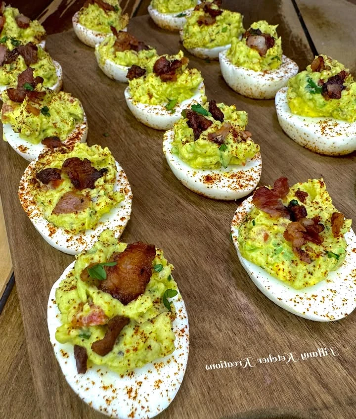Bacon guacamole deviled eggs finished