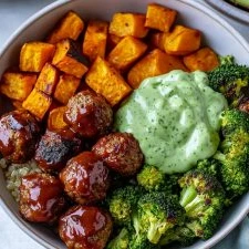 Barbecue Meatball Bowls with Avocado Goddess Sauce finished