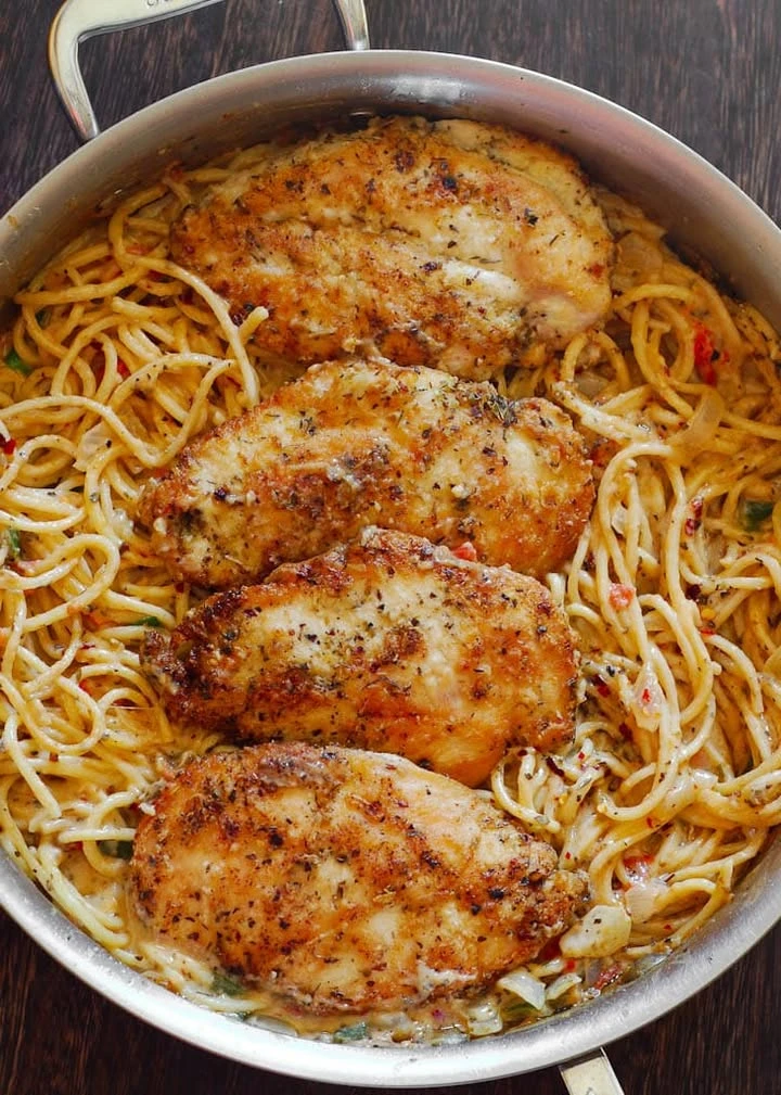 Chicken Pasta in Creamy White Wine Parmesan Cheese Sauce finished