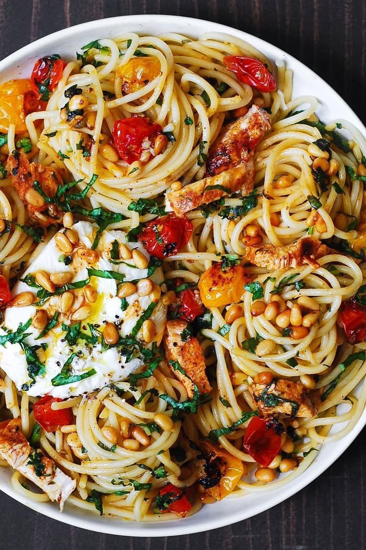 Chicken Spaghetti With Roasted Tomatoes and Burrata Recipe