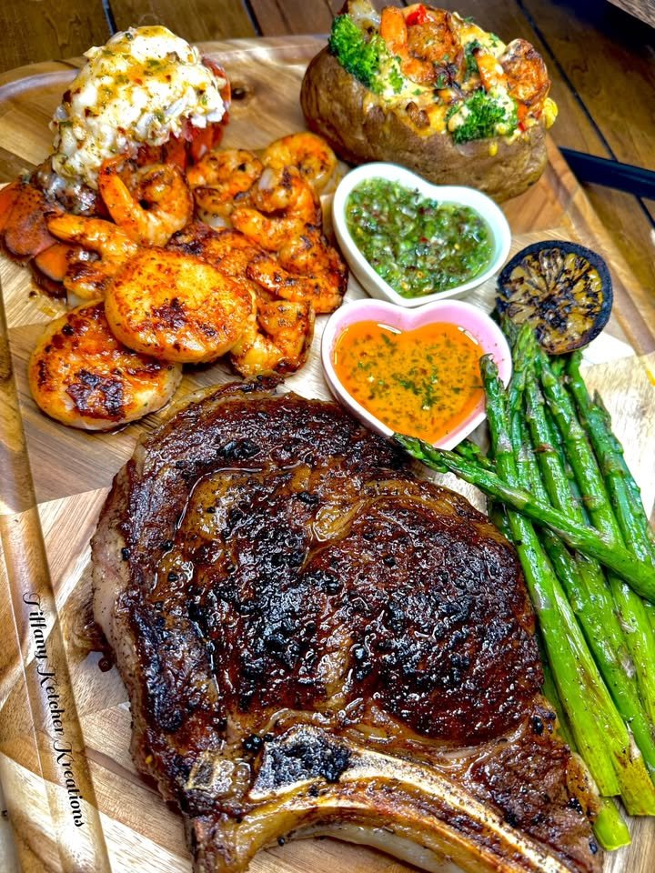 Cowboy Ribeye With Scallops Shrimp Lobster And Sides Recipe