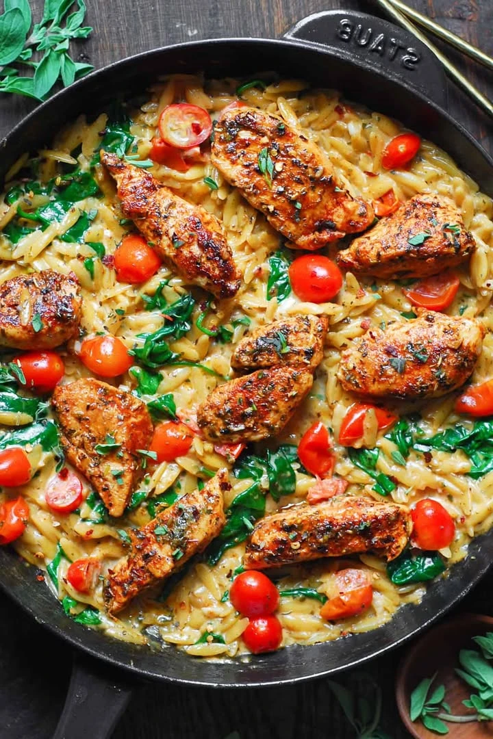 Creamy Chicken Orzo with Spinach, Tomatoes, and Basil Pesto finished