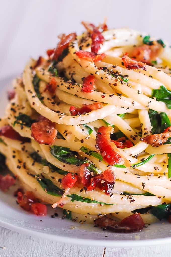 Bucatini Pasta with Spinach Bacon Garlic Parmesan Sauce