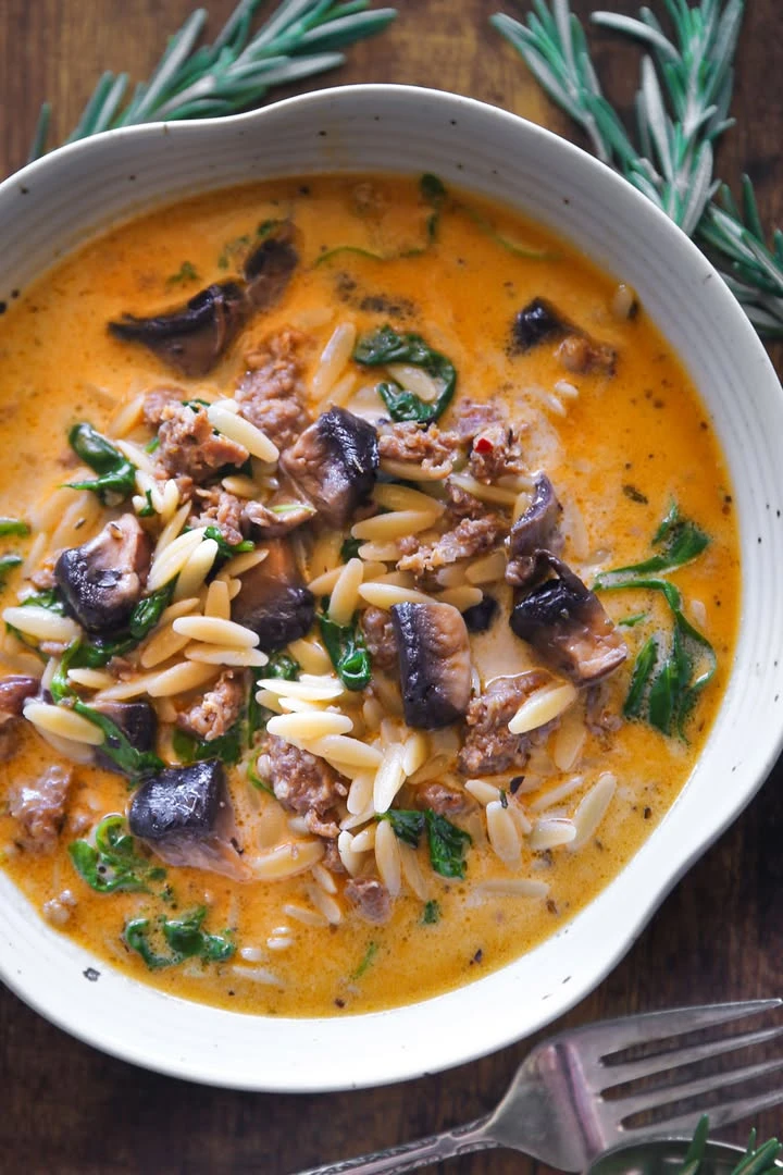 Creamy Italian Sausage Orzo Soup with Portobello Mushrooms and Spinach finished