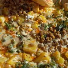 One Pan Creamy Lentils, Japanese Sweet Potatoes, + Kale or Creamy lemon lentils, sweet potatoes, and kale made in one pan finished