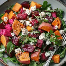 Creamy Roasted Beet Salad with Sweet Potato & Feta Recipe