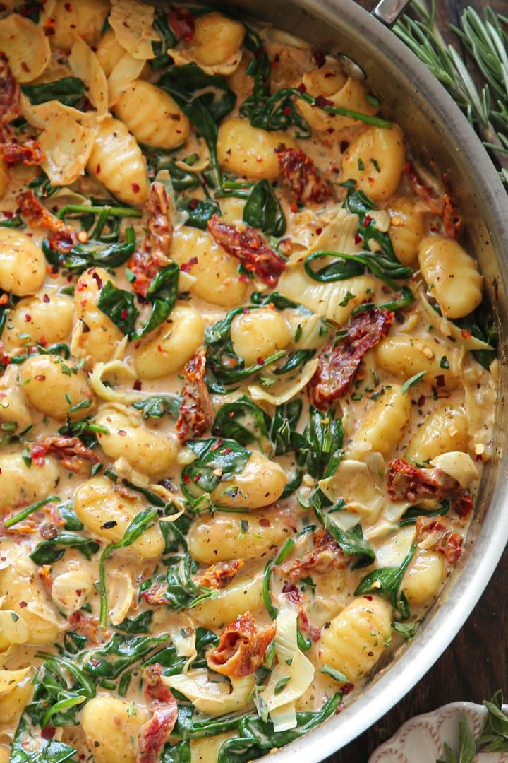 Creamy Tuscan Gnocchi with Vegetables spinach, artichokes, and sun-dried tomatoes. 20 Minutes, ONE-PAN meatless meal finished