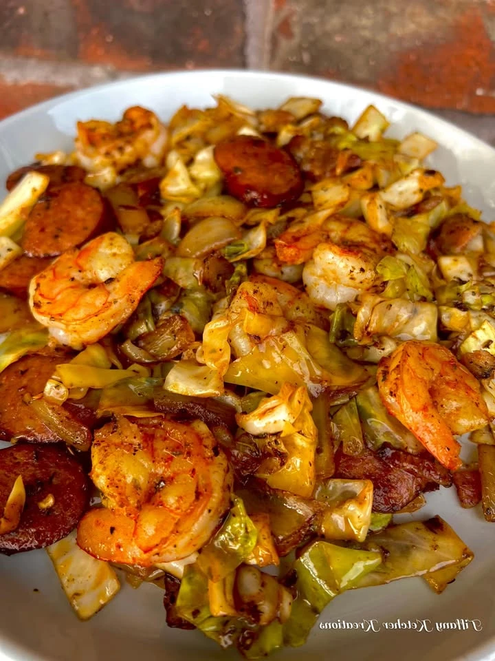 FRIED CABBAGE WITH SHRIMP, SAUSAGE & BACON finished