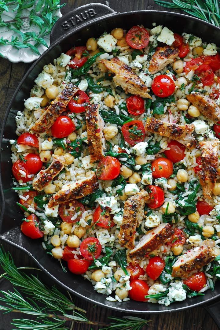 Greek Chicken and Lemon Rice with Chickpeas and Feta Recipe