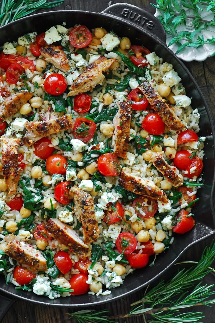 Greek Chicken and Lemon Rice with Chickpeas, Spinach, Tomatoes, and Feta! 30 MINUTE ONE-PAN Mediterranean meal! finished
