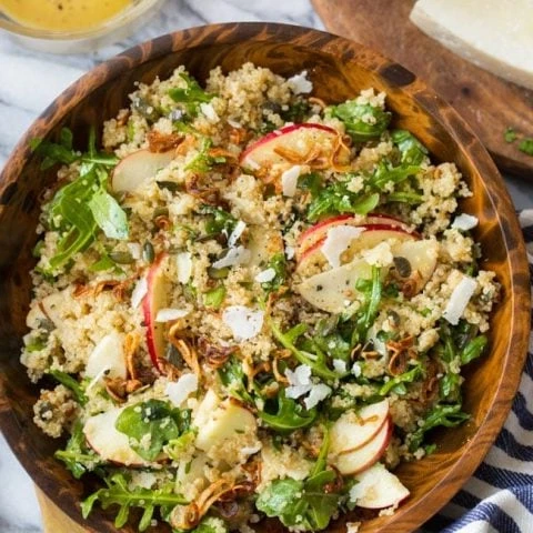 Honey Mustard Quinoa Apple Salad with Crispy Shallots finished