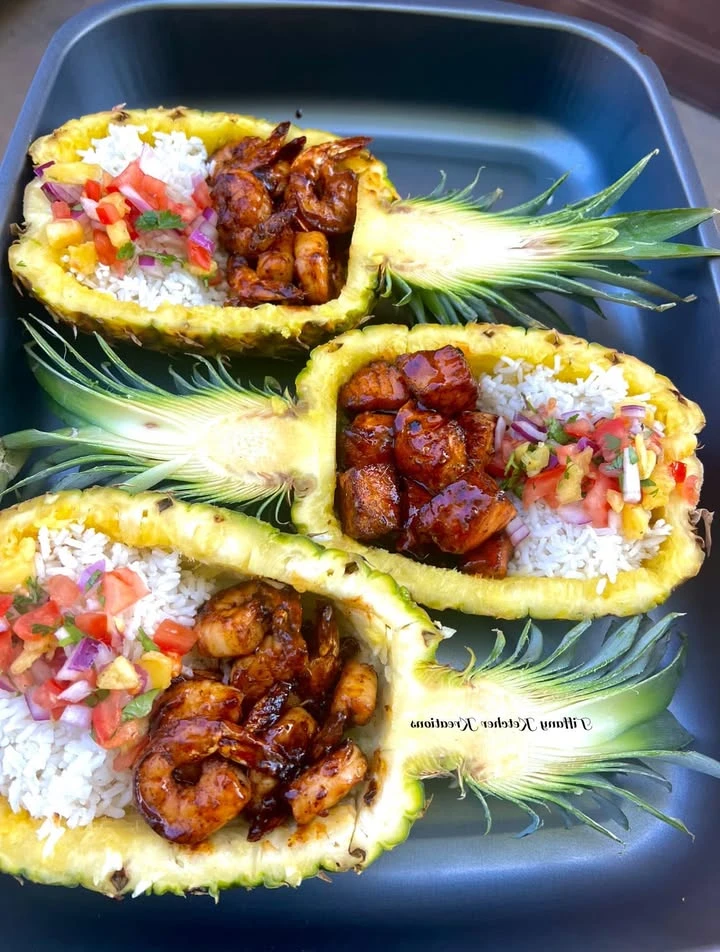 Jerk shrimp & jerk salmon pineapple rice bowls with pineapple salsa finished