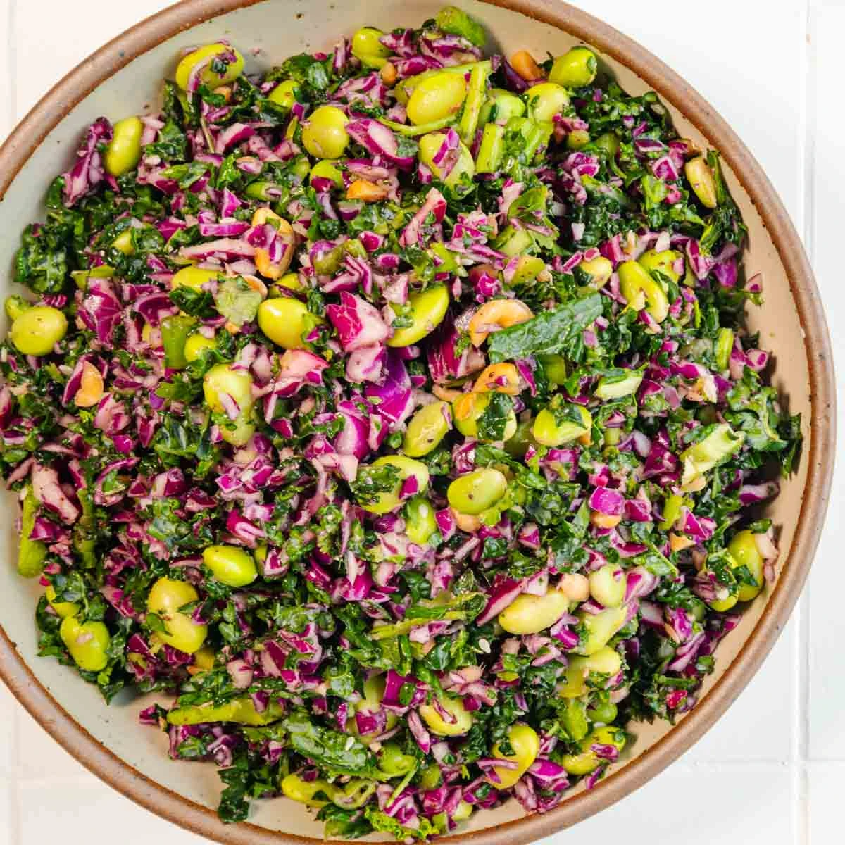 Longevity Miso Bowl (High-Protein) or 10-Minute High-Protein Longevity Miso Bowl that tastes delicious raw or cooked. A crunchy mixture of kale, cabbage, and edamame with an anti-aging miso sauce. Packed with protein and fiber. Gluten-free. finished