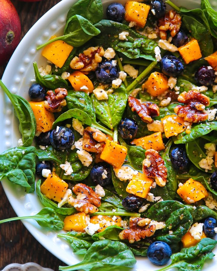 Mango and Blueberry Spinach Salad with Walnuts and Feta Recipe