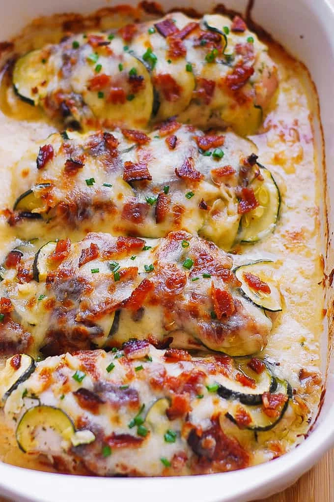 ONE-PAN Chicken Bake with Zucchini, Bacon, Mozzarella and Parmesan. LOW-CARB, HIGH-PROTEIN, GLUTEN-FREE, KETO-FRIENDLY. finished