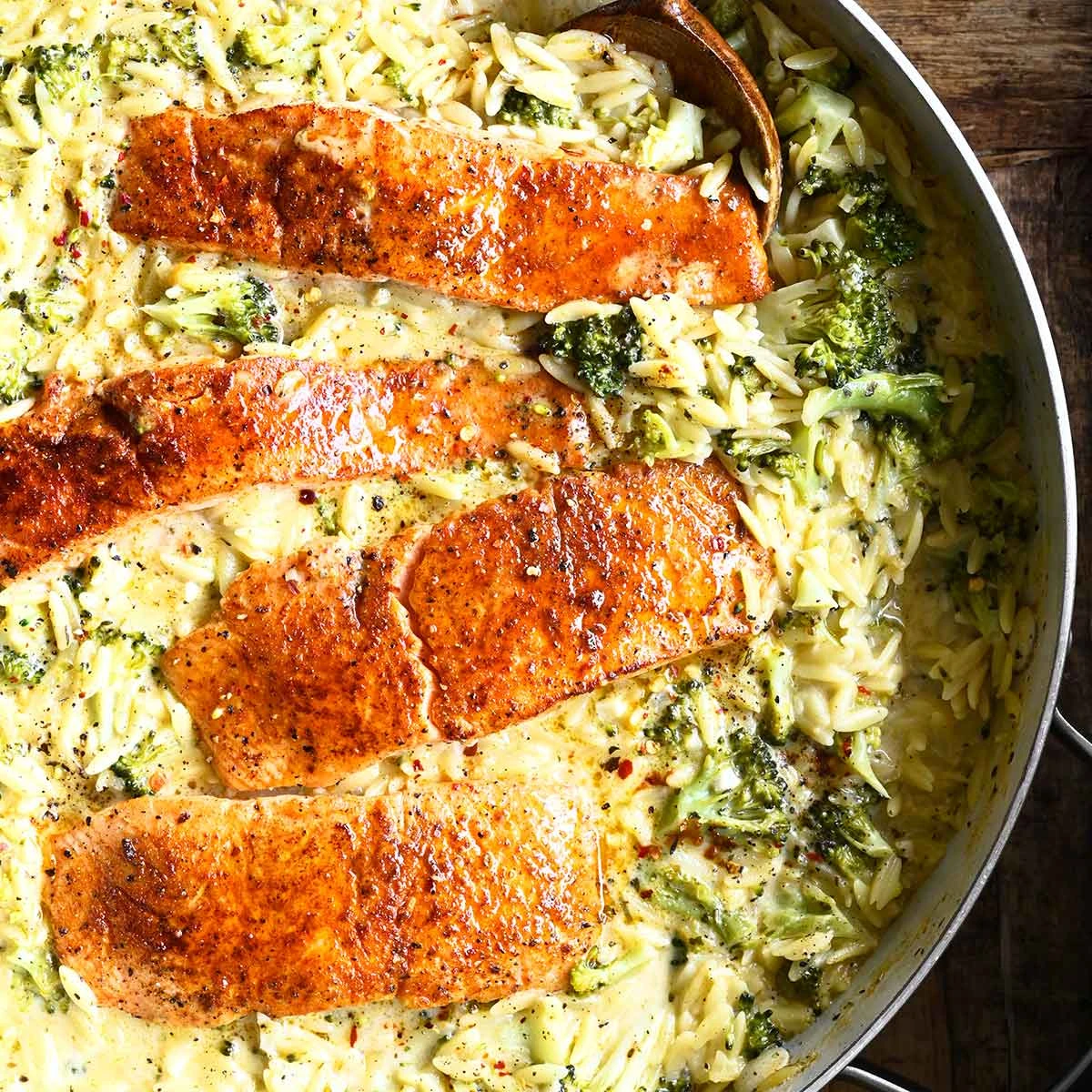 One Pot Broccoli Cheddar Salmon Orzo finished