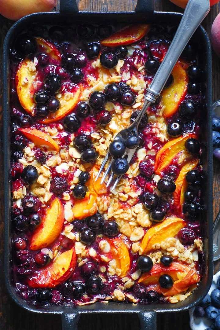 Peach and Blueberry Crisp with Almonds, Oats, and Brown Sugar finished