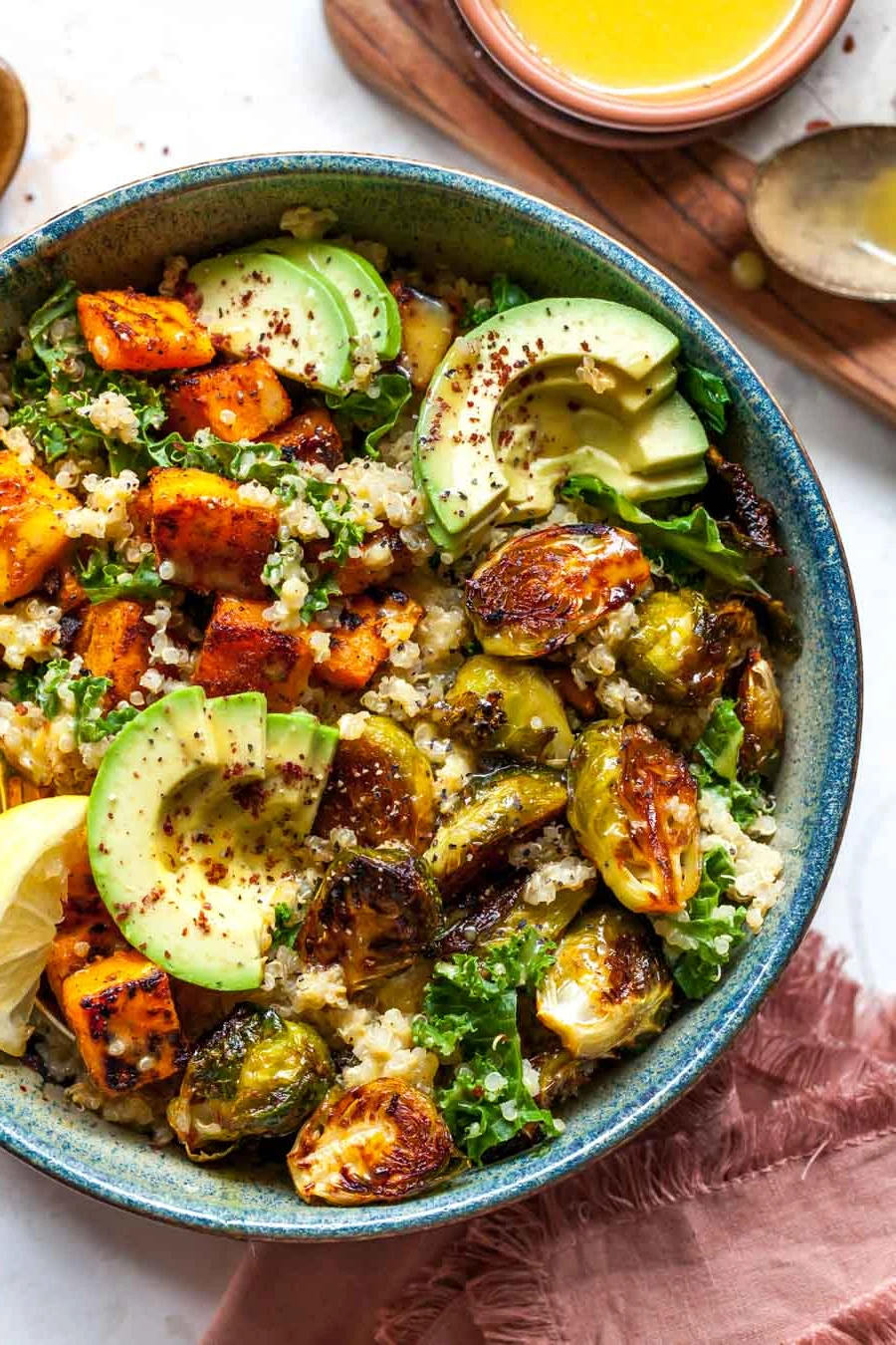 Recipe Title: Quinoa and Veggie Power Bowls or Quinoa Power Bowls with Maple Chipotle Brussels and Smoky Butternut Squash finished
