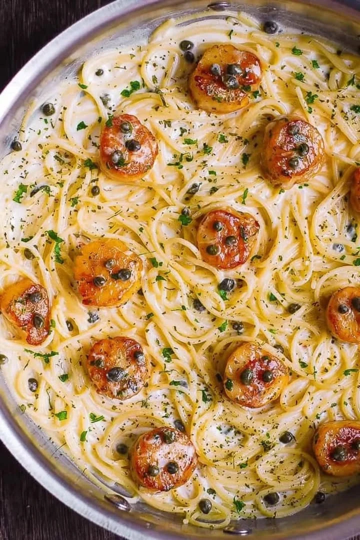 Scallop Spaghetti in Creamy White Wine Butter Garlic Sauce with Capers finished
