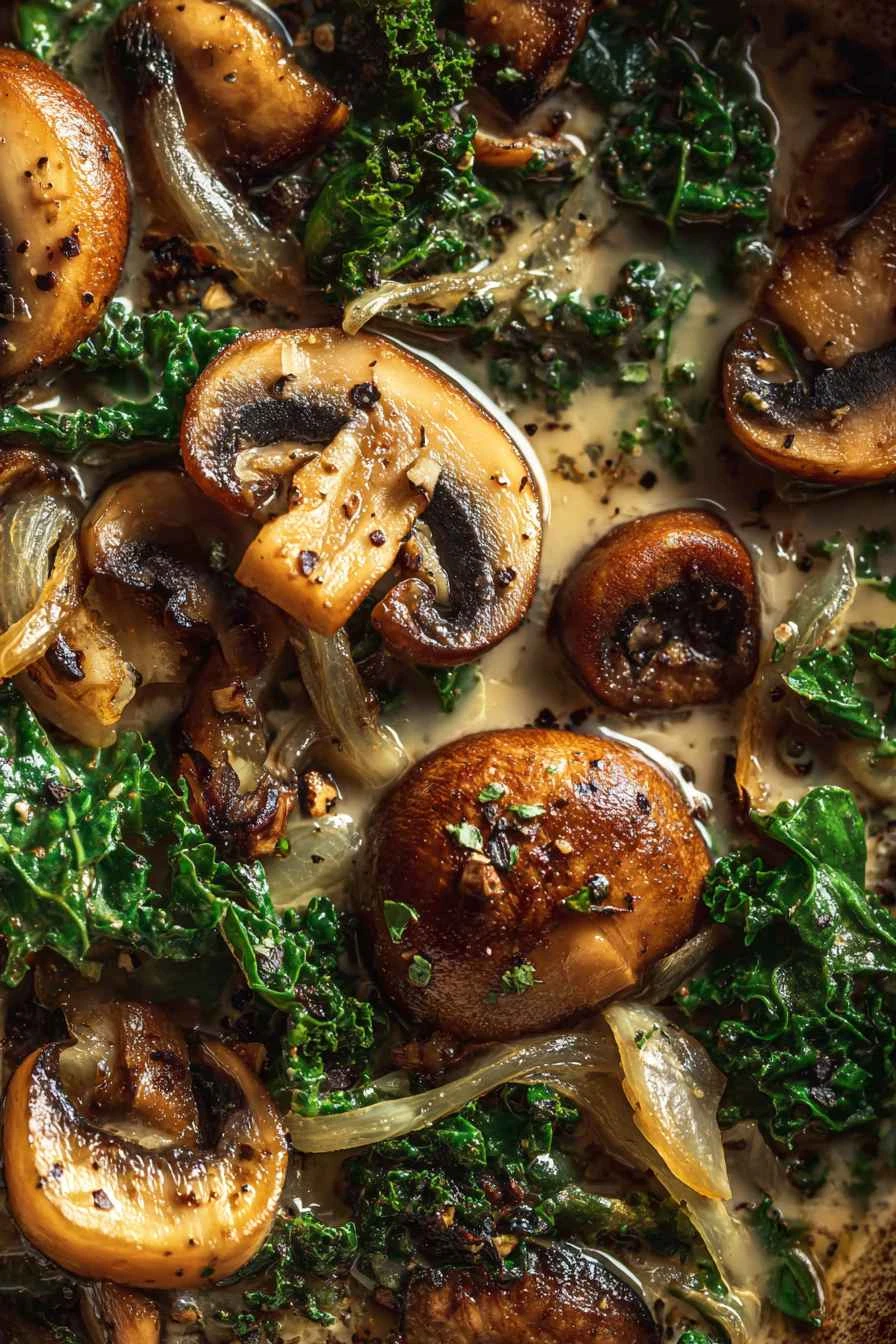 Simple Wild Mushroom, Caramelized Onion And Kale Soup finished