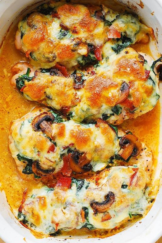 Smothered Chicken with Creamed Spinach, Bacon, Mushrooms Recipe