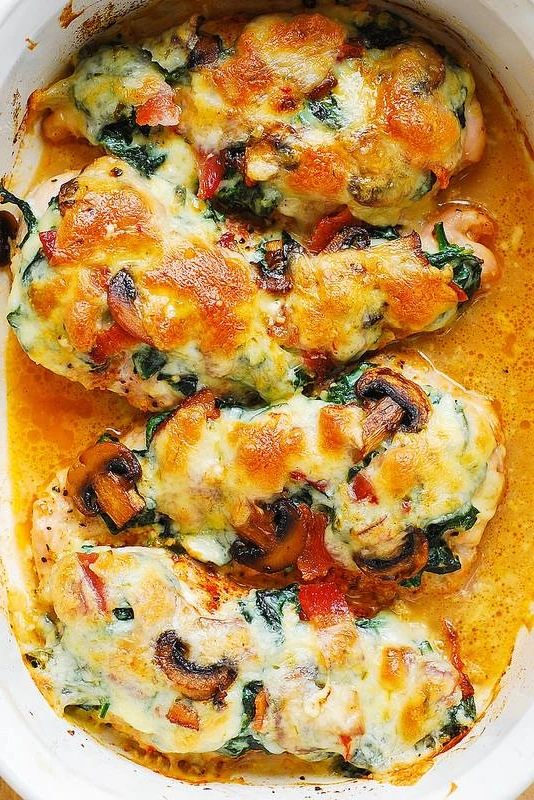 Smothered Chicken with Creamed Spinach, Bacon, Mushrooms finished