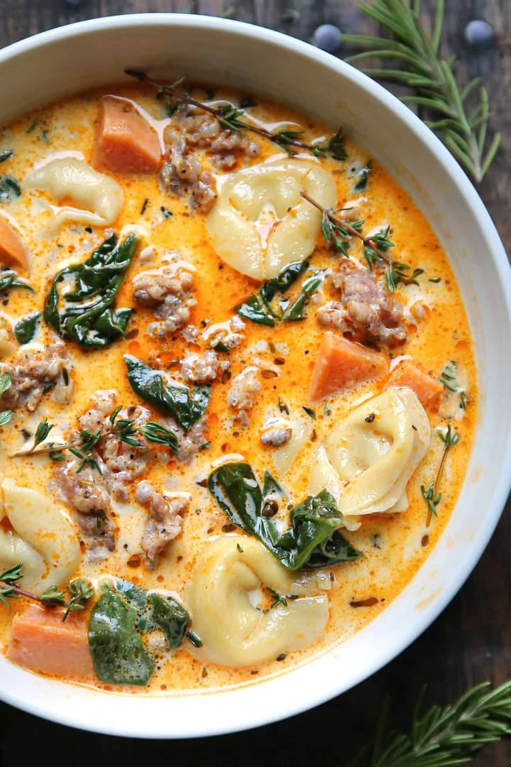 ONE-POT Spicy Italian Sausage Tortellini Soup with Spinach and Sweet Potatoes or Yams or Carrots finished
