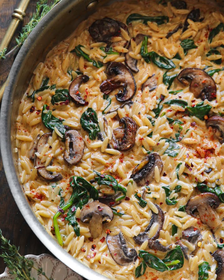 Spinach and Mushroom Orzo in Creamy Garlic Sauce Recipe