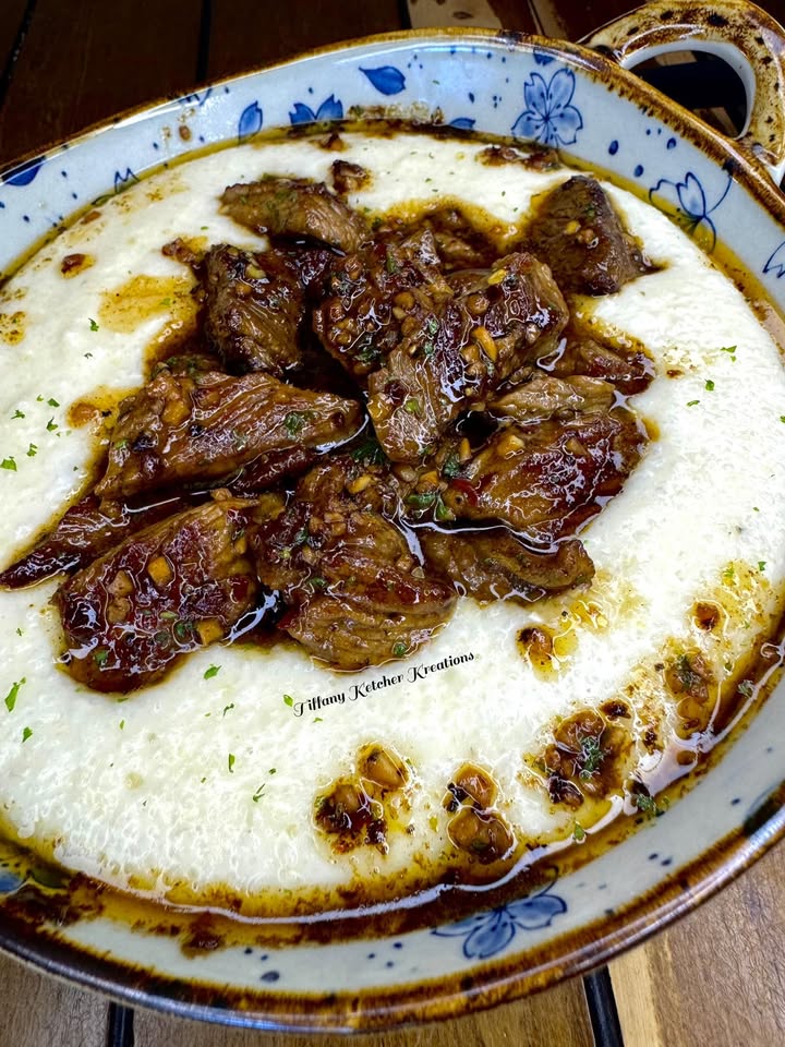 Steak Bites Over Creamy Smoked Gouda Grits Recipe