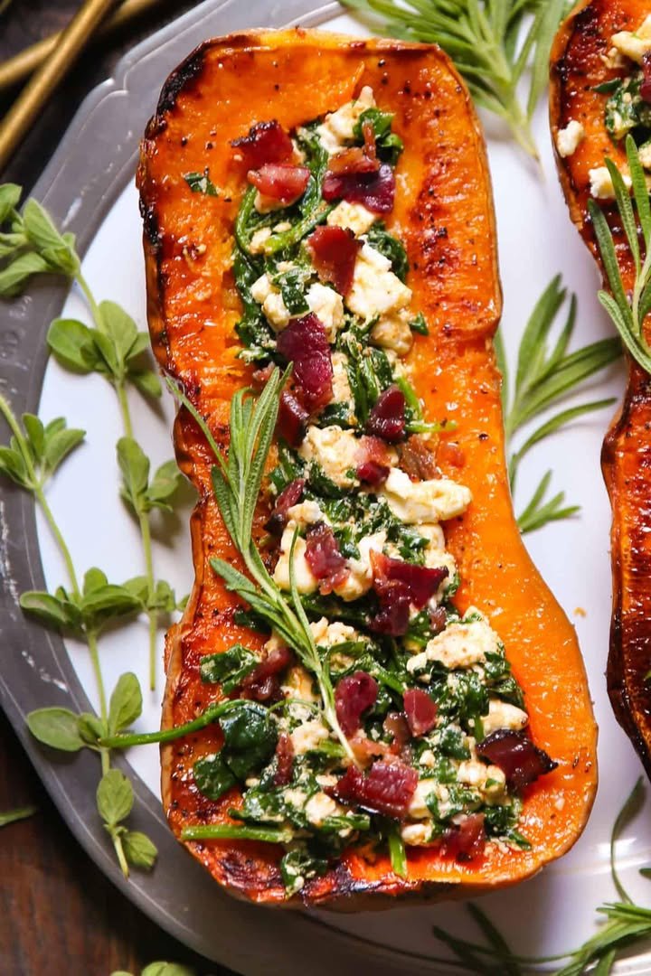 Stuffed Butternut Squash with Feta Cheese, Spinach, and Bacon Recipe