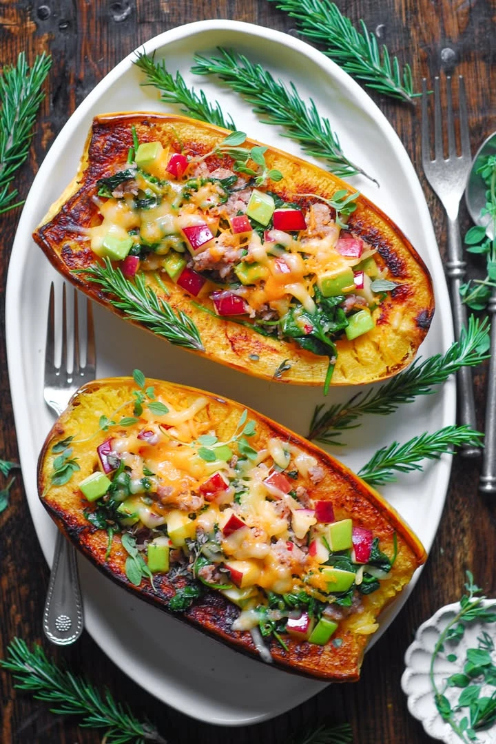 Stuffed Spaghetti Squash with spicy Italian Sausage, Spinach, Apples, Cheddar, and Pepper Jack Cheese. GLUTEN-FREE. finished