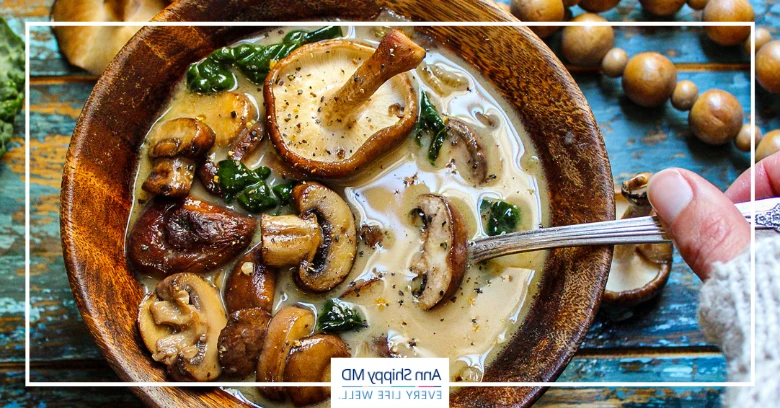 Wild Mushroom, Caramelized Onion and Kale Soup finished