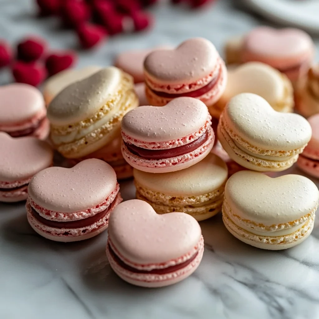 Recipe Title: Heart Shape Macarons For Valentine's Day or Delight your loved ones with these adorable heart-shaped macarons. Filled with creamy ganache or fruity jam, they are the perfect sweet treat to express your love on Valentine's Day. Valentine macarons, heart-shaped dessert, romantic treat, sweet Valentine's recipe, macaron ideas image-3