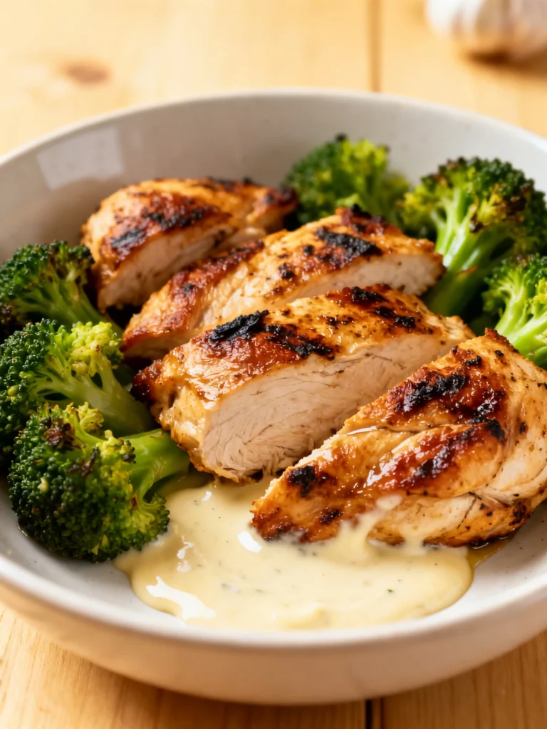 Grilled Chicken & Broccoli Bowls with Creamy Garlic Sauce Recipe