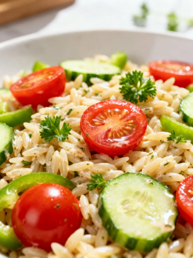 Spring Orzo Pasta Salad with Crispy Shallot Vinaigrette