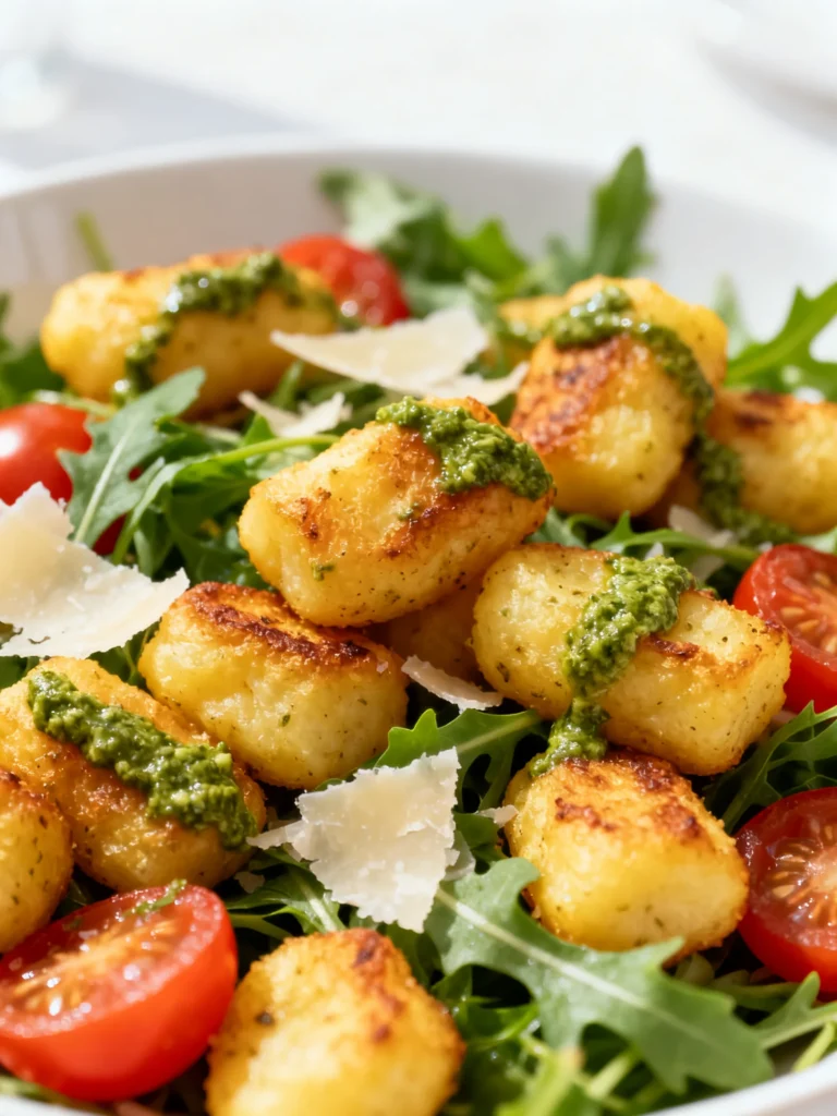 Roasted Gnocchi Salad with Basil Pesto, Tomatoes, Mozzarella, and Arugula