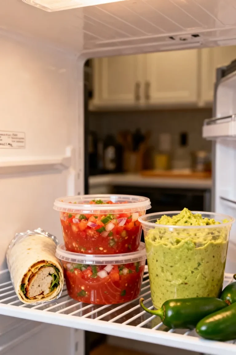 Tubs of pico de gallo salsa, guacamole and a wrapped burrito on a fridge shelf with jalapeños