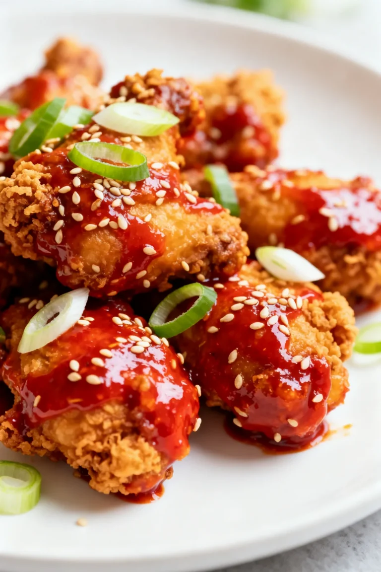 Crispy Korean fried chicken glazed in red gochujang sauce with sesame
