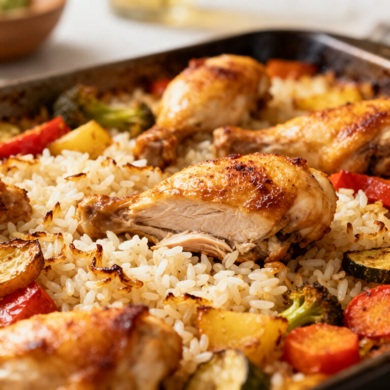 Sheet-Pan Chicken and Rice Pantry Bake (The Soak Trick That Fixes Crunchy Rice)